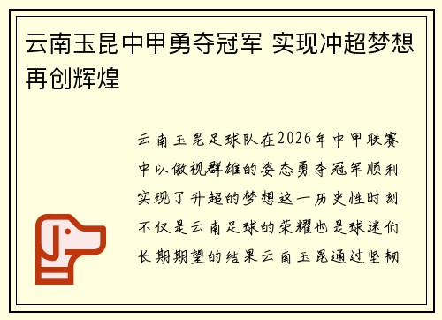 云南玉昆中甲勇夺冠军 实现冲超梦想再创辉煌