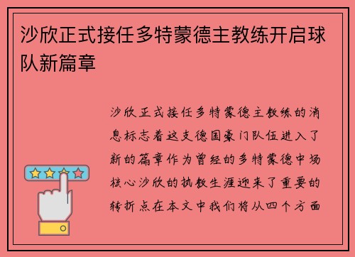 沙欣正式接任多特蒙德主教练开启球队新篇章
